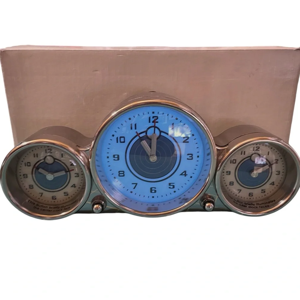 Pottery Barn Triple Face Dashboard Clock Nickel Finish Original Box & Packing - Picture 3 of 16